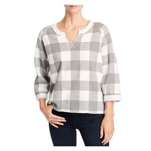 ALTERNATIVE Womens White Check 3/4 Sleeve V Neck Hi-Lo Sweater XS